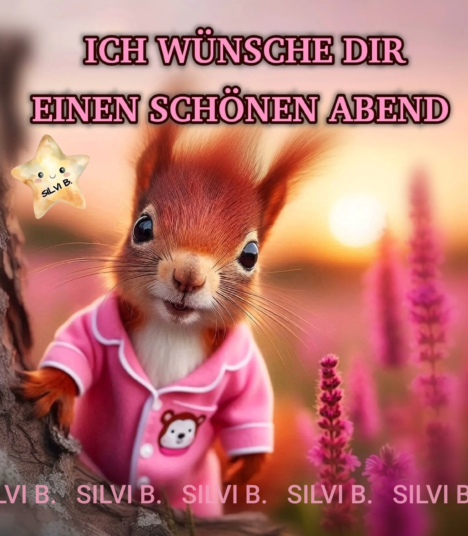 Ein niedliches rotes Eichhörnchen im rosa Schlafanzug mit Bärchen-Motiv wünscht einen schönen Abend. Im Hintergrund verschwommene pinke Blumen und ein warmer Sonnenuntergang.